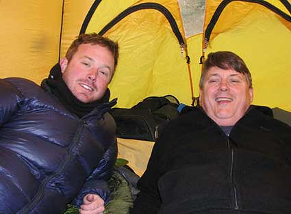 Jack and Jim relaxing in their tent after a very successful summit day