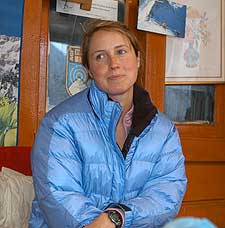 Katherine at the Khumbu Lodge happy to have won the "Scrabble" game during the trek