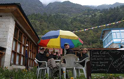 Team enjoying the last day in Lukla in a local bar