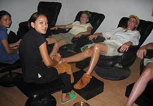 After an afternoon of shopping, we enjoy a foot massage in Thamel