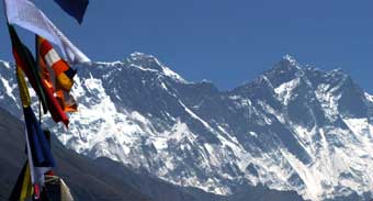 Everest peeks over the Lhotse-Nuptse ridge