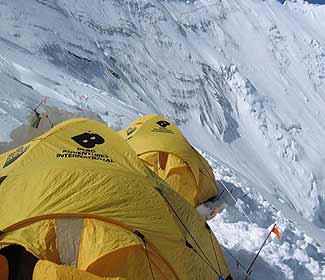 Camp 3 perched on narrow snow ledge on Lhotse face