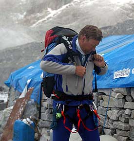 Brad Johnson ready to depart for first climber-carry through icefall to camp one