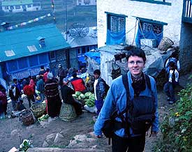 Justin enjoys the sights and sounds of Namche Bazaar