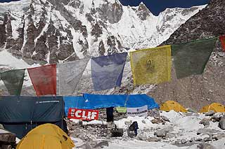 Prayer flags and CLIF banner at basecamp