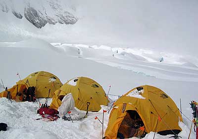 This is still what camp I looks like... after we dig it out. On September 29, 2003 there is still light snow and clouds at Base Camp and Camp I.