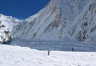 Moving up the Western Cwm. Nuptse face on the right, Lhotse face at distant left.
