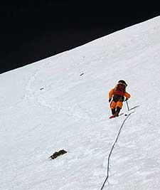 Traversing the Lhotse face on the way to South Col