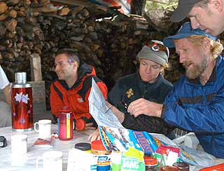 Checking maps during a lunch break