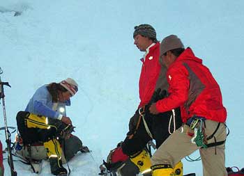Kit, Rob and Jimmy preparing as the leave Base Camp for Camp 1