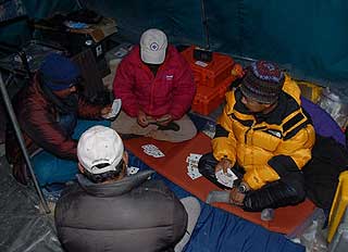 The scene in the communications tent at Base Camp from 10:00PM on