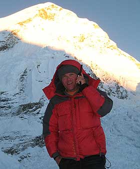 At Base Camp Wally spent much of the day on the satellite phone spreading the good news about the successful summit