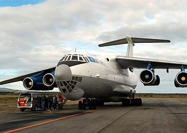 The Ilyushin jet stands ready on the runway at Punta Arenas