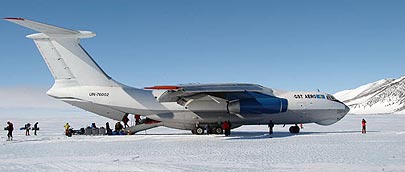 Ilyushin jet sits on the blue ice