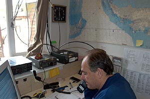 Peter McDowell on the HF radio to Patriot Hills