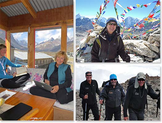 Left: Enjoying downtime at a lodge in Nepal; Upper right: Slow and steady is the key to success! Lower right: The effects of altitude don’t prevent you from having fun!