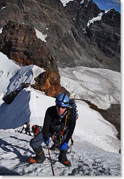 Flexibility improves range of motion and body movement, like up steep mountains seen here as Terri climbs to the summit of Pequeno Alpamayo.