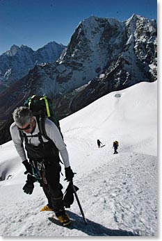 Climbing fixed lines on Lobuche