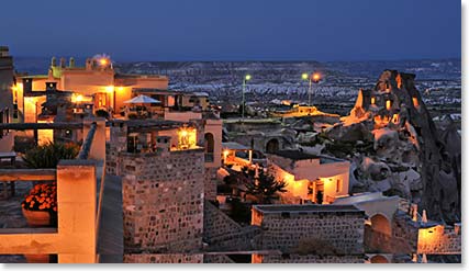 The stunning views of Cappadocia at night from our hotel, Argos