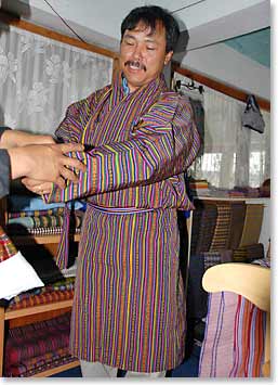 Temba Sherpa is fitted for the typical Bhutanese Gho
