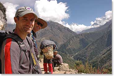 The group takes a look down the valley on their way to Tengboche Hill