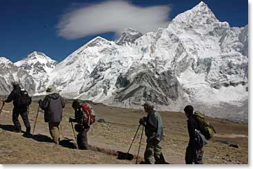The dark triangular summit of Everest beckoned as the team walked closer to Base Camp