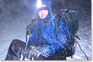 Steve’s headlamp helps to light up his way to the summit