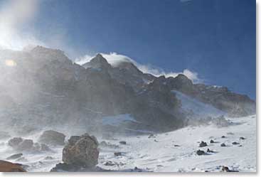 Strong winds and snowstorms are common as you climb higher on Aconcagau;