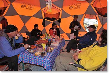 We had hot soup and snacks in the dinning tent of the Everest Base Camp clinic. Dr. Eric Johnson gave us an update about the season so far.