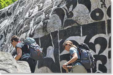 Calli-Ann and Lida walk beside a Mani Stone – spectacular but familiar to us now