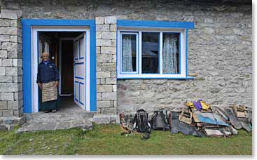 Nim Phuti, always ready to load the Yak and Cattle crossbred Zophikos for another day on the trail, waited in her room with the saddles ready. We all enjoyed the relaxed start