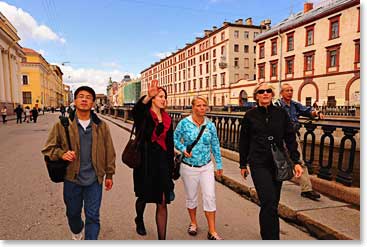 Walking with Lina towards the Hermitage Museum and listening to her explaining the city to us 