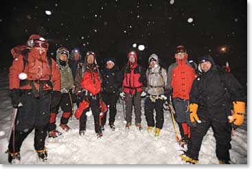 At 4:00 AM we were ready to board the snow cat for the ride to Pashtukov Rocks, where our climb would begin.  The snow was an indication of things to come.