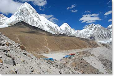 Just before we reached Pumori Base Camp we arrived at the outpost Sherpa village of Gorak Shep, beneath Kala Pattar and Pumori