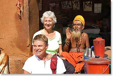 Sharon and Sue with a Holy man in Kathmandu
