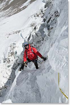 At the base of the face climbers must cross a giant Bergschrund, a deep split in the glacier.