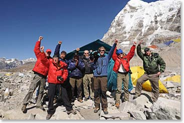 Early morning on a clear beautiful day at Base Camp. The support team cheers for Jamie’s success on Everest.