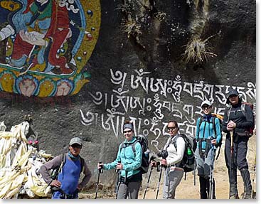 The team stands in front of the Thame bridge, the most beautiful bridge in the Khumbu.