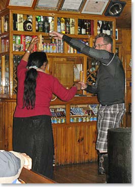 Trevor giving ballroom lessons to a Sherpa lady at the lodge.