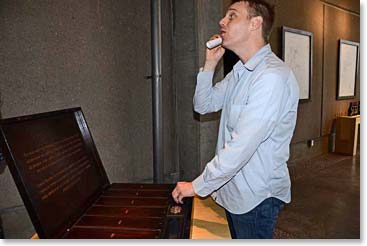 Soon after we arrived Jussi spied an intriguing wooden box complete with a key and a rolled document.  It reminded Jussi of an old fashioned telephone, so he began to make calls.