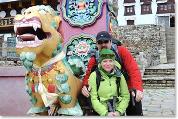 Line and Tom outside the monestary