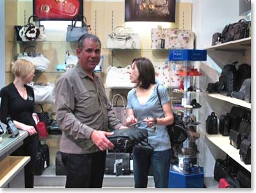 Inside, Armando had a lot of carry on bags to choose from.  Ljerka was busy helping him compare prices.