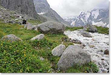 As we climbed higher, a postcard beauty, with green meadows, glaciers and rushing water
