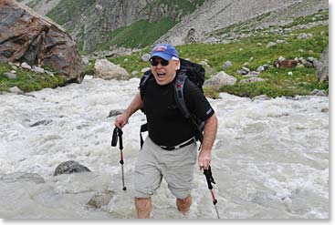 Chet fording the stream; the water is cold!