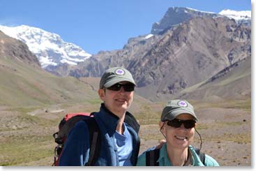 Before we reached the pass we stopped along the road at the first sight of Aconcagua – Paule and Linda enjoy the view.