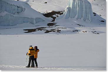 Amazingly, several of our team still had energy for a walk out to the glacier from our Crater Camp.  Elizabeth and Holly are heading for the ice.
