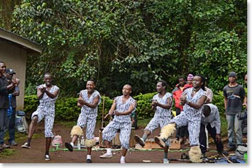 Acrobats getting the Celebration Party started at the trail-head, before heading back to Arusha.