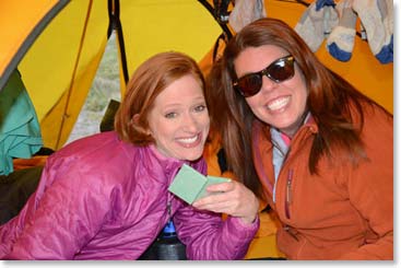 Elizabeth and Holly, friends since 3rd grade, talk about “glamor camping” and they called themselves “glampers”.  They always look great on the mountain!