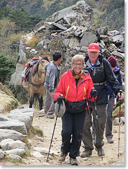 After lunch we hit the trail again.  This was one of our longest days trekking.  Sharon and Jim were still looking great after seven hours of hiking.  Koncha’s brother Jeyta brought Ang Temba’s horse, Rana, out to meet the group on the trail below Pangboche for pleasure. 