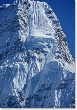  The “Dablam”, the hanging glacier on Ama Dablam, has broken away on the lower left side in recent years (photo right).  The sight of this graceful and imposing mountain still defines our day as we walk around Pangboche. 